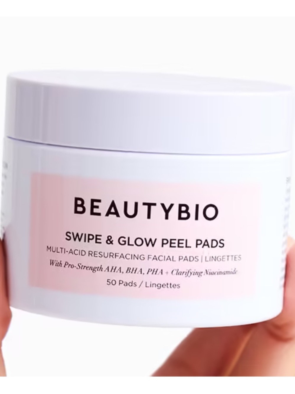 BeautyBio Swipe & Glow Peel Pads — White Jar with Pink Label